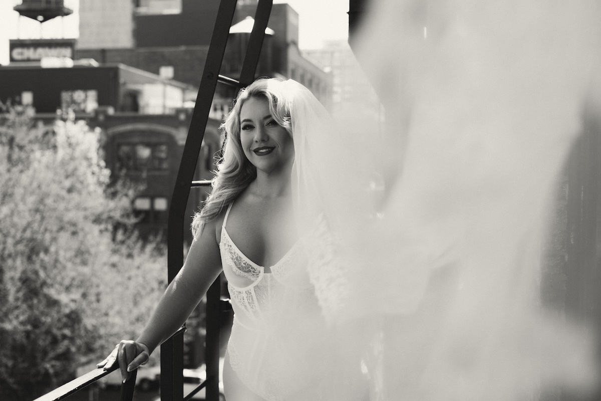 bridal boudoir photoshoot on a balcony in portland oregon