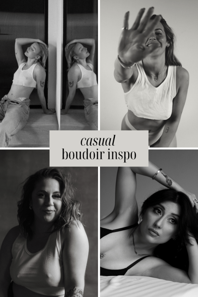 grid of 4 photos of casual, androgynous black and white boudoir