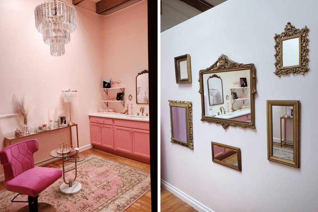 naked peach boudoir studio makeup room, portland boudoir photography studio custom all pink kitchenette